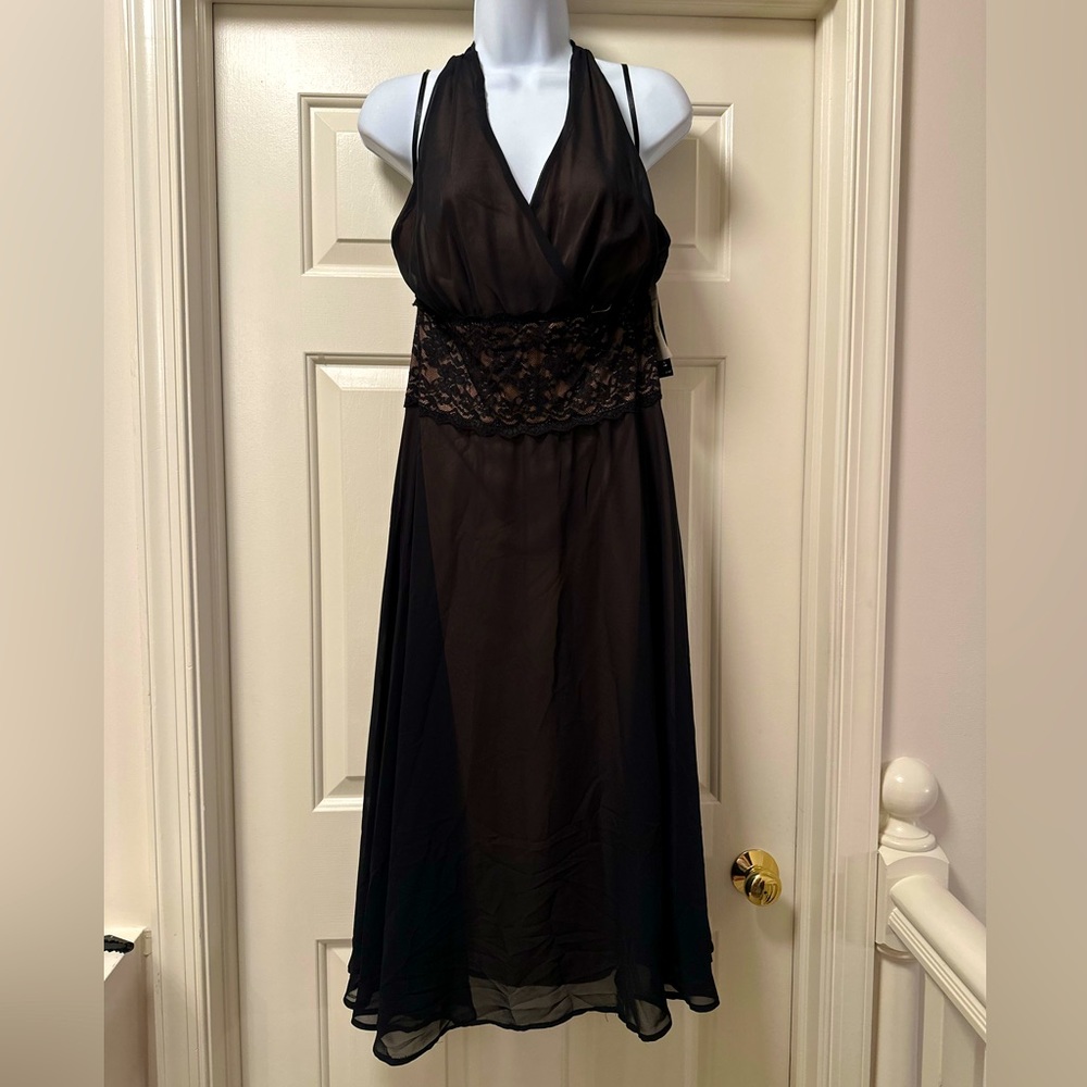 NWT: halter formal black dress with lace detail at waist